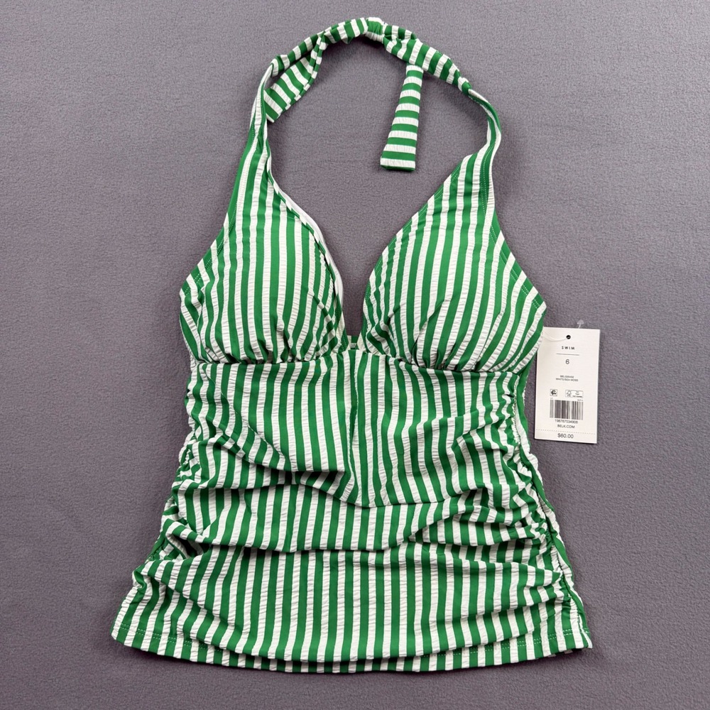 Crown & Ivy Tankini Swim Top Seersucker Striped Halter Coastal Preppy 6